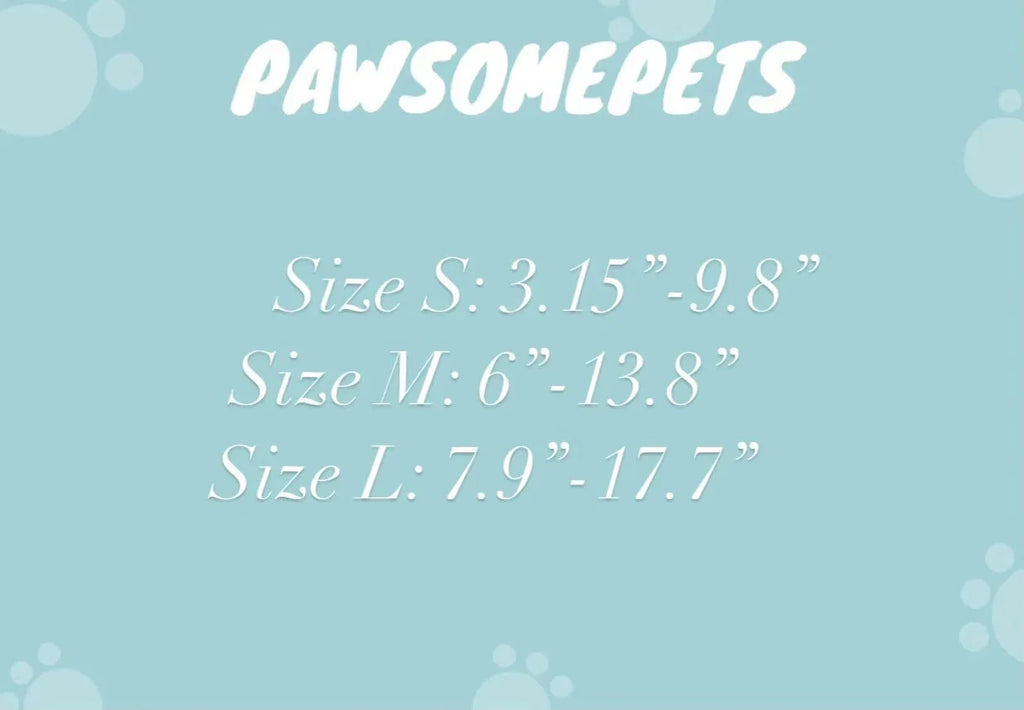 Pet collar size chart with small, medium, and large measurements on blue background with paw prints.