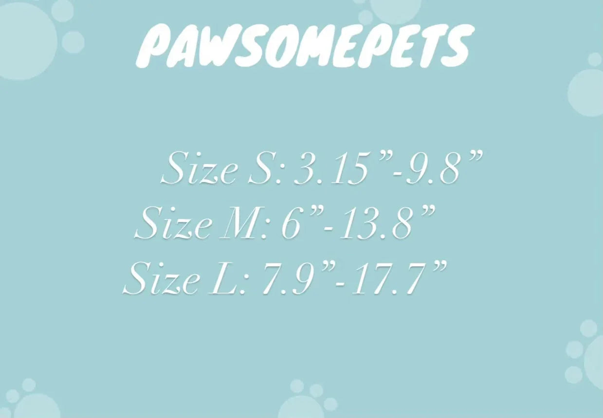 Pet collar size chart with small, medium, and large measurements on blue background with paw prints.