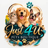 Logo with happy dog, cat, parrot, rabbit, and pet supplies like collar, toy ball, and bones.