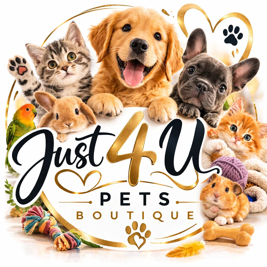 Cute puppy, kittens, bunny, parrot, and hamster with pet toys and golden paw prints, pet supplies theme