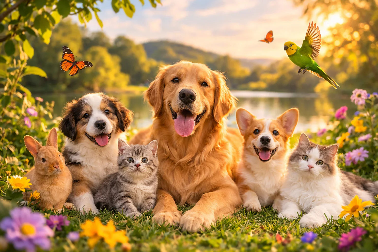 Group of happy pets including dogs, cats, a rabbit, and a bird outdoors among flowers