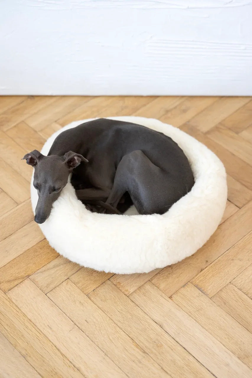 Round Natural Wool Pet Bed — White