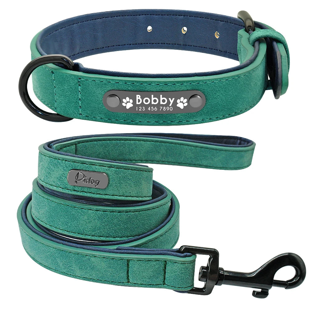 Genuine Leather Dog Collar & Leash Set