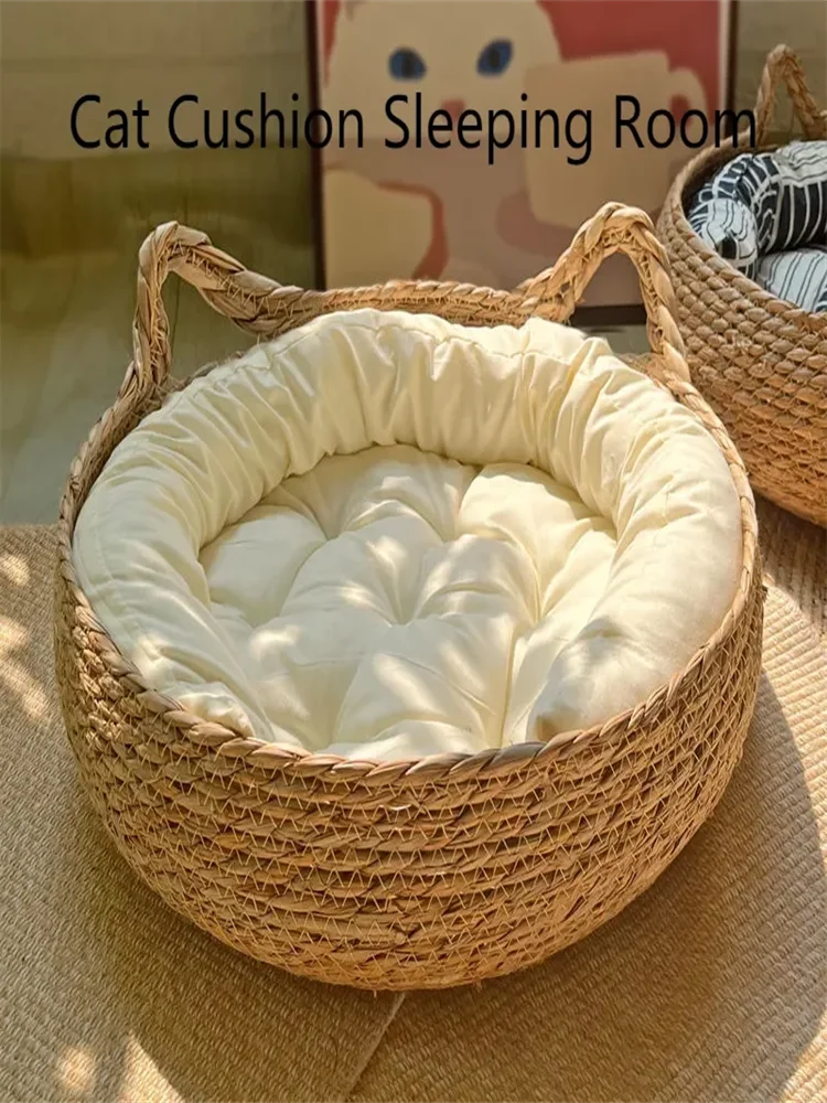 Rattan Woven Cat Nest — Handmade with Cushion