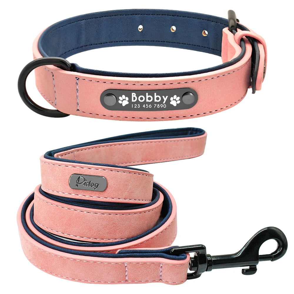 Genuine Leather Dog Collar & Leash Set
