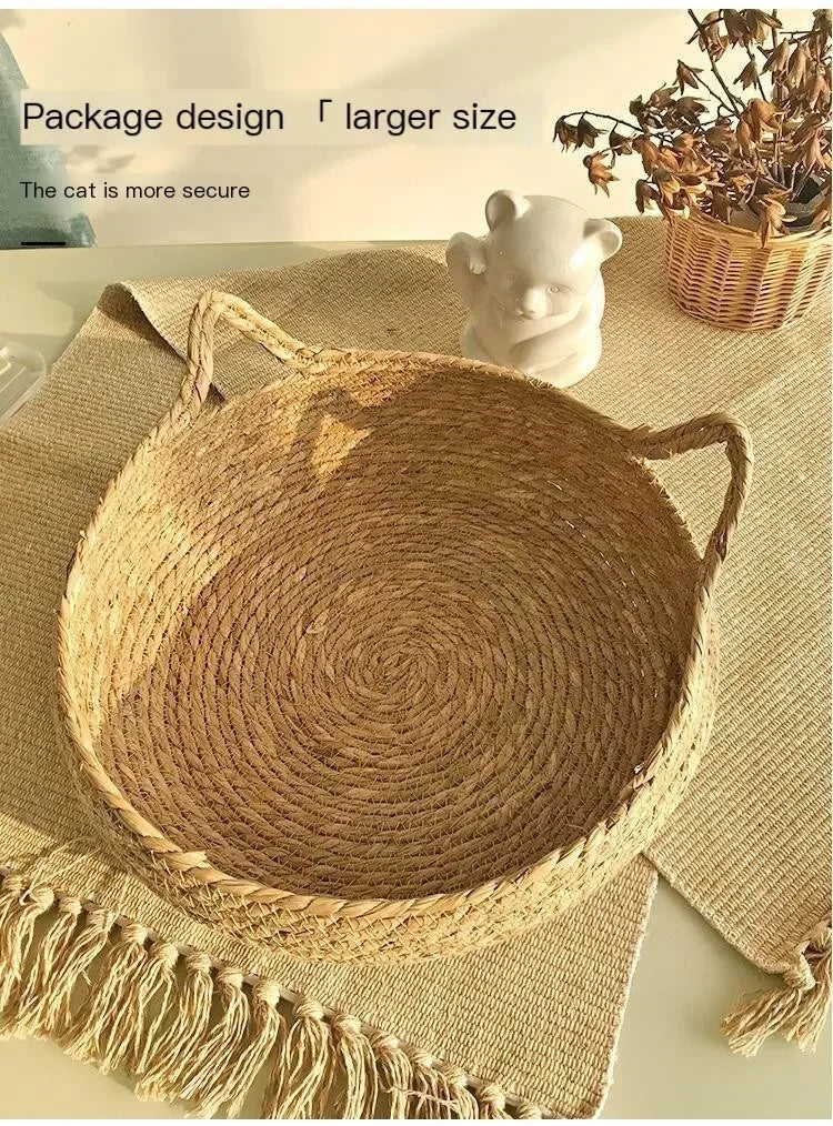 Rattan Woven Cat Nest — Handmade with Cushion