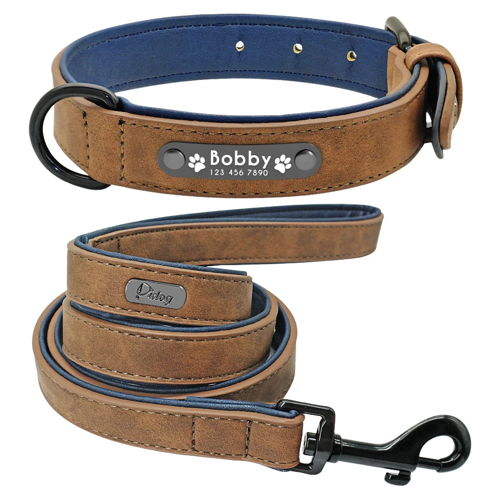 Genuine Leather Dog Collar & Leash Set