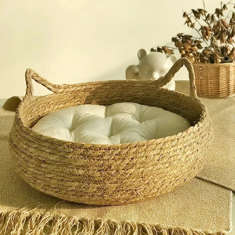 Rattan Woven Cat Nest — Handmade with Cushion