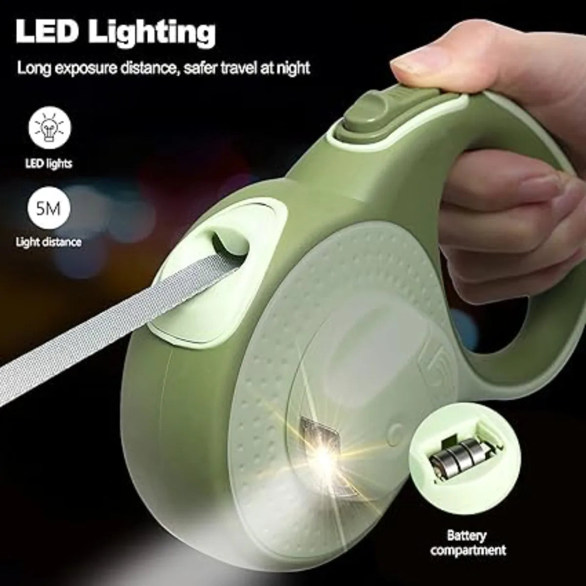 Retractable Dog Leash with LED Lights — 360° Swivel