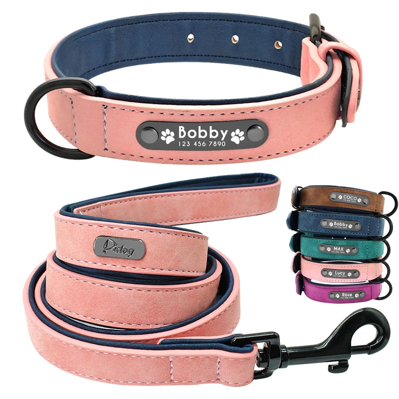 Genuine Leather Dog Collar & Leash Set