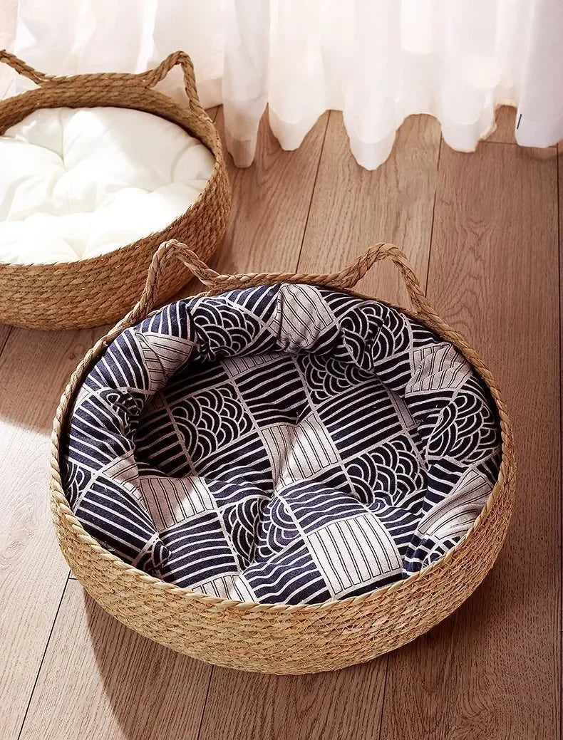 Rattan Woven Cat Nest — Handmade with Cushion