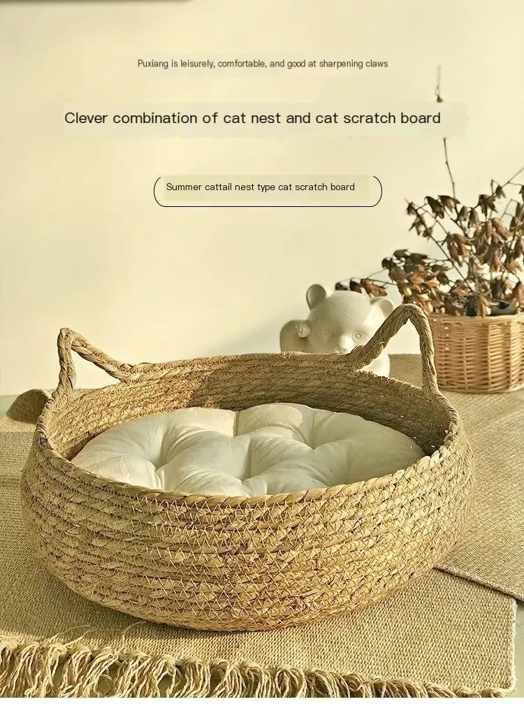 Rattan Woven Cat Nest — Handmade with Cushion