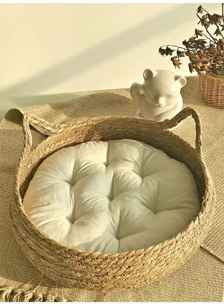 Rattan Woven Cat Nest — Handmade with Cushion