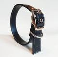 Black leather pet collar with metal buckle and stitching, pet supplies product